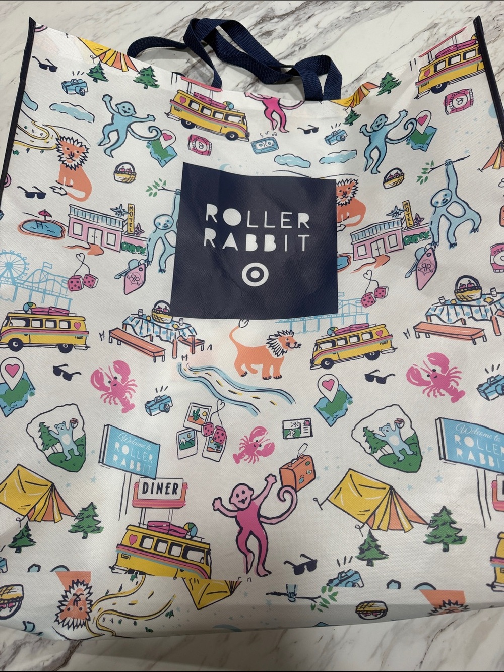 Roller Rabbit White Tote with Multicolor Adventure Print